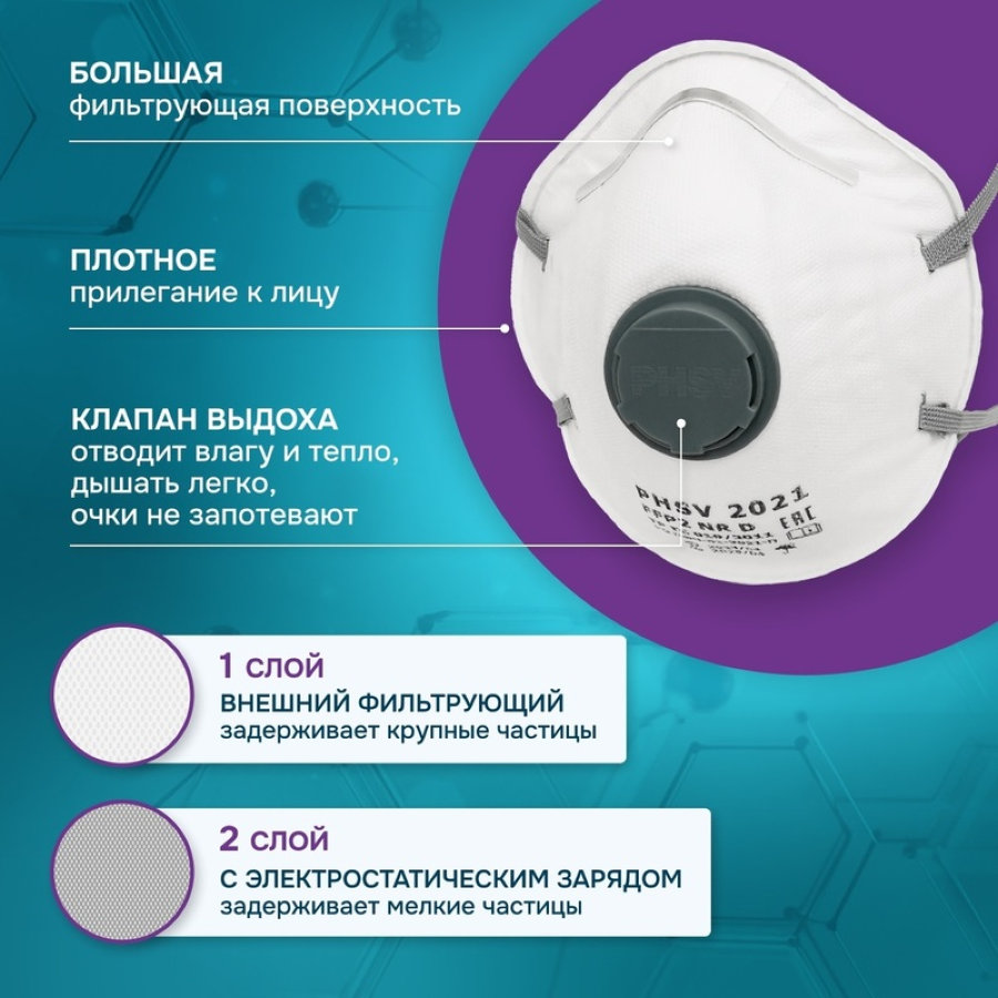 Респиратор PHSV 2021 противоаэрозольный с клапаном FFP2 (10 штук в упаковке) 
