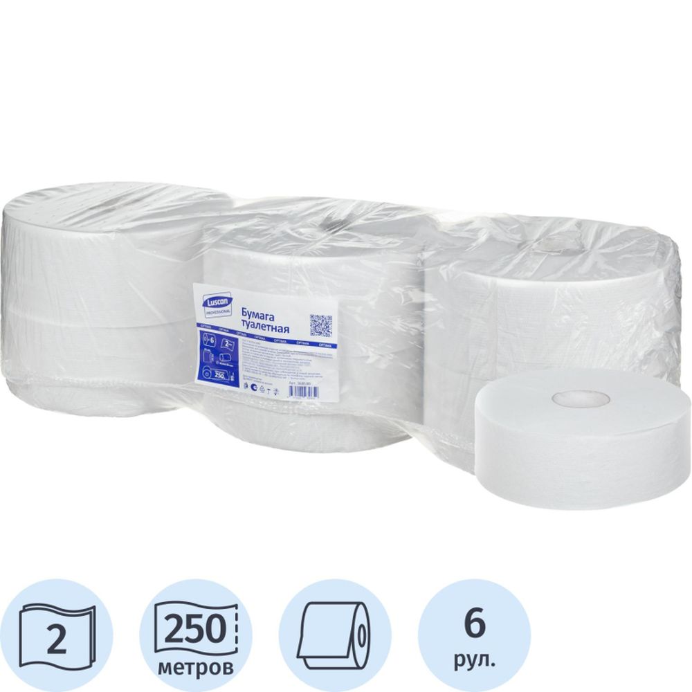 Бумага туалетная для диспенсеров Luscan Professional 2сл бел втор втул 250м 6рул/уп