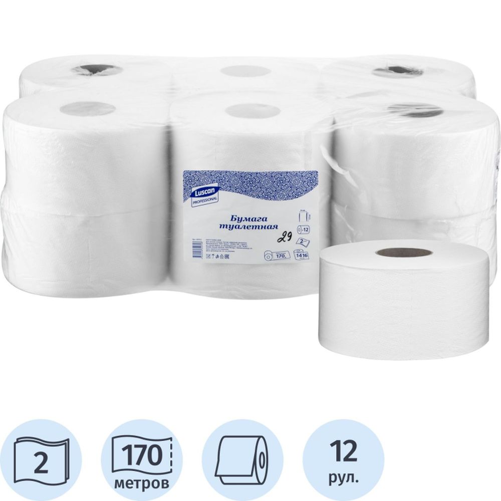Бумага туалетная для диспенсеров Luscan Professional 2слбелцелвтул170м 12рул/уп