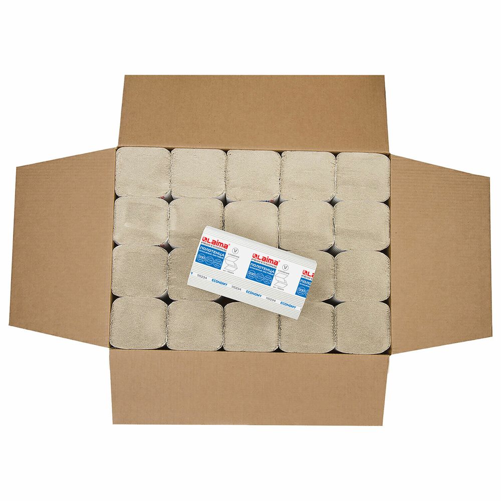 Полотенца бумажные 200 шт., LAIMA ECONOMY (H3), 1-слойные, натуральный цвет, КОМПЛЕКТ 20 пачек, 21х21,6 см, V-сложение