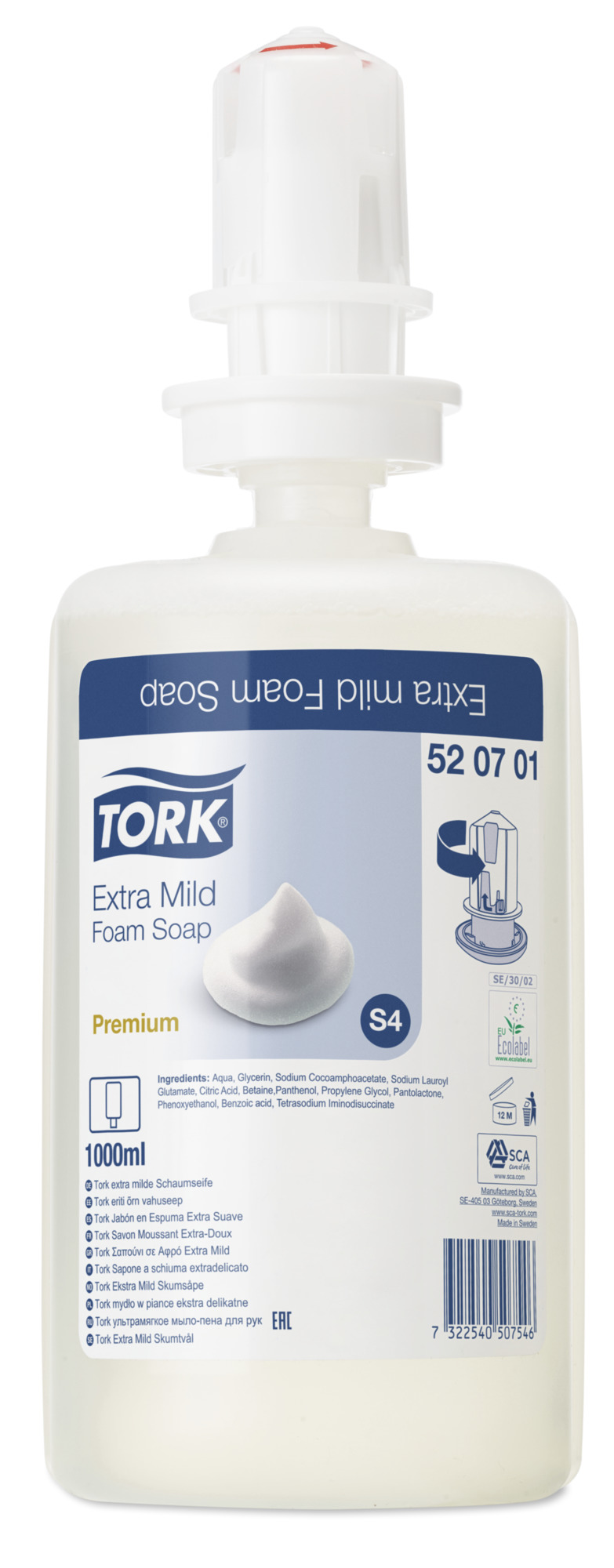 Мыло жидкое картридж Tork S4 Premium, мыло-пена ультра-мягкое, 1л 520701