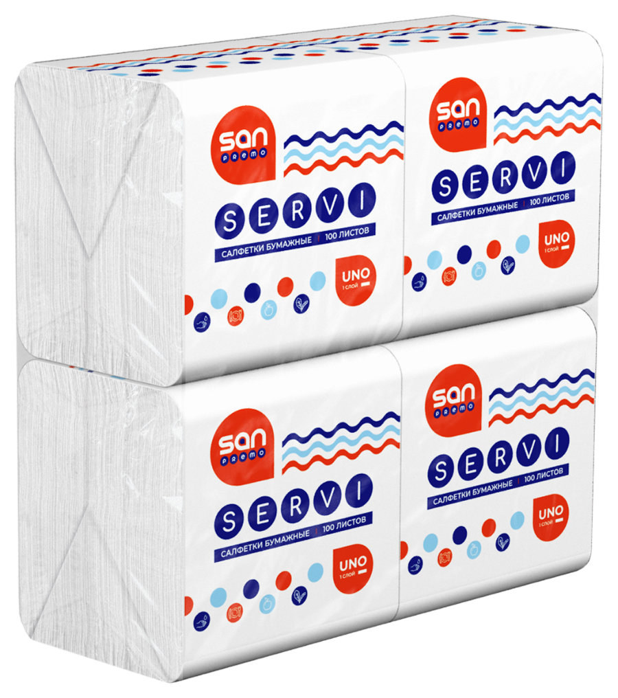 Салфетки бумажные "Санпремо Серви", ф.24, 1сл., 400л. мультипак, белые