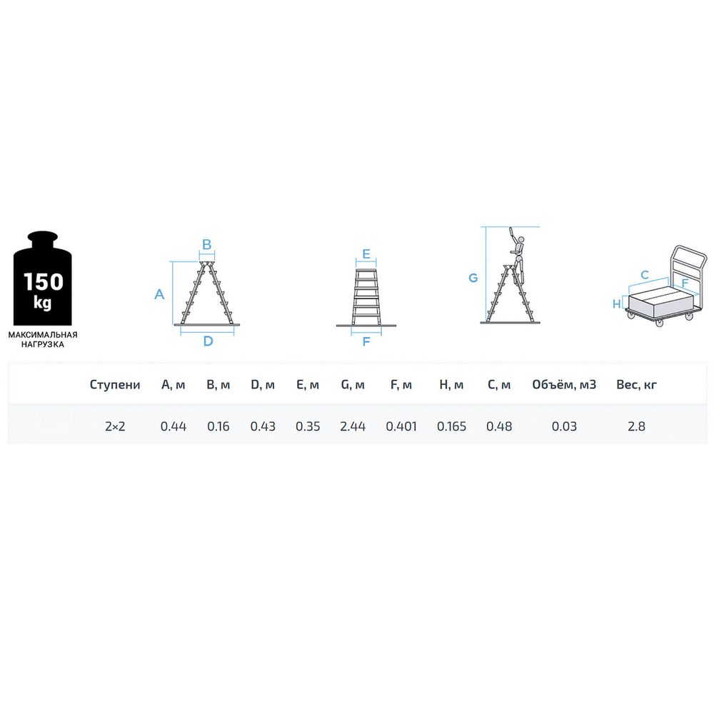 Стремянка стальная двухсторонняя 2х2 ступени, высота площадки 0,44м, алюминиевая площадка 35х16см, до 150кг, вес 2,8кг 