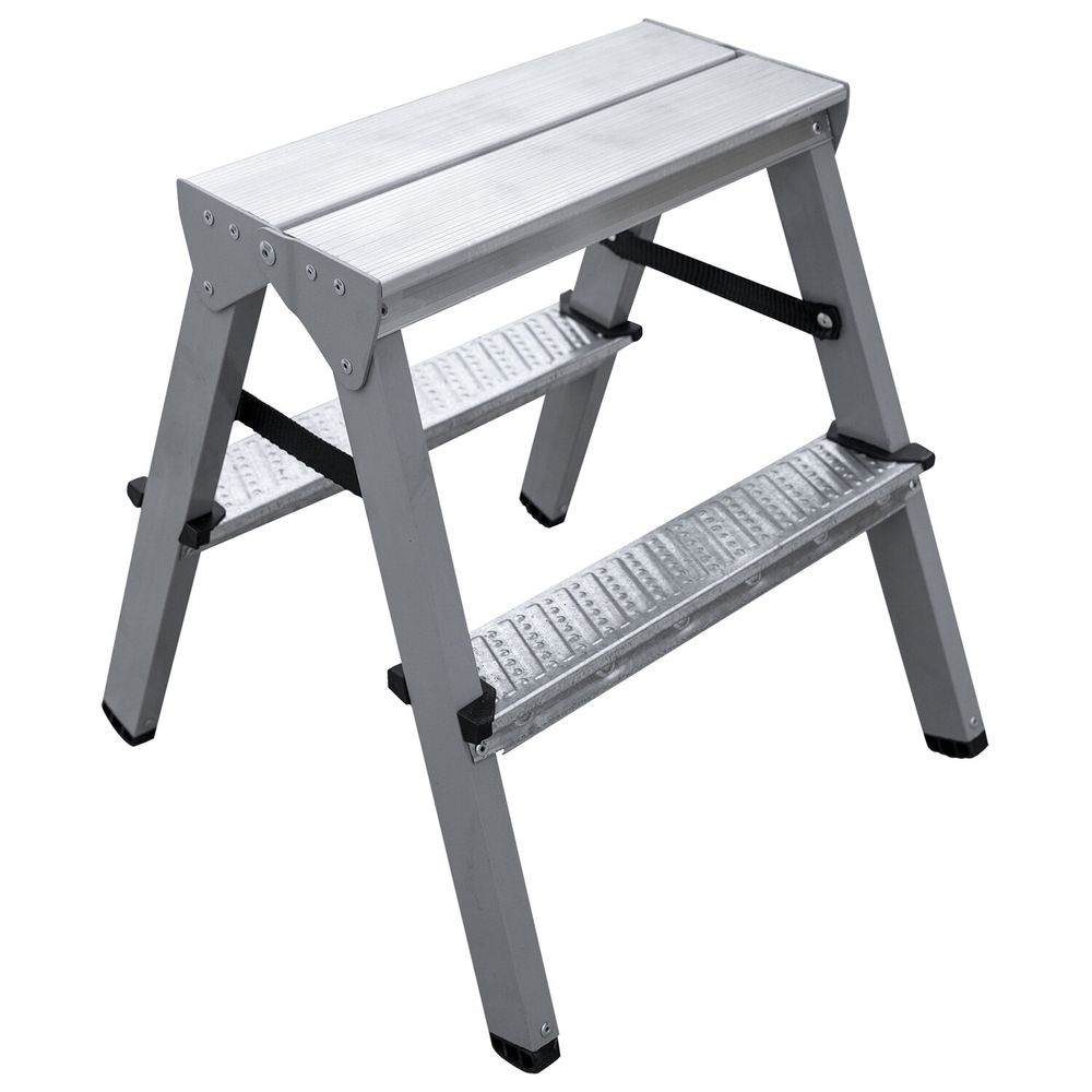 Стремянка стальная двухсторонняя 2х2 ступени, высота площадки 0,44м, алюминиевая площадка 35х16см, до 150кг, вес 2,8кг 
