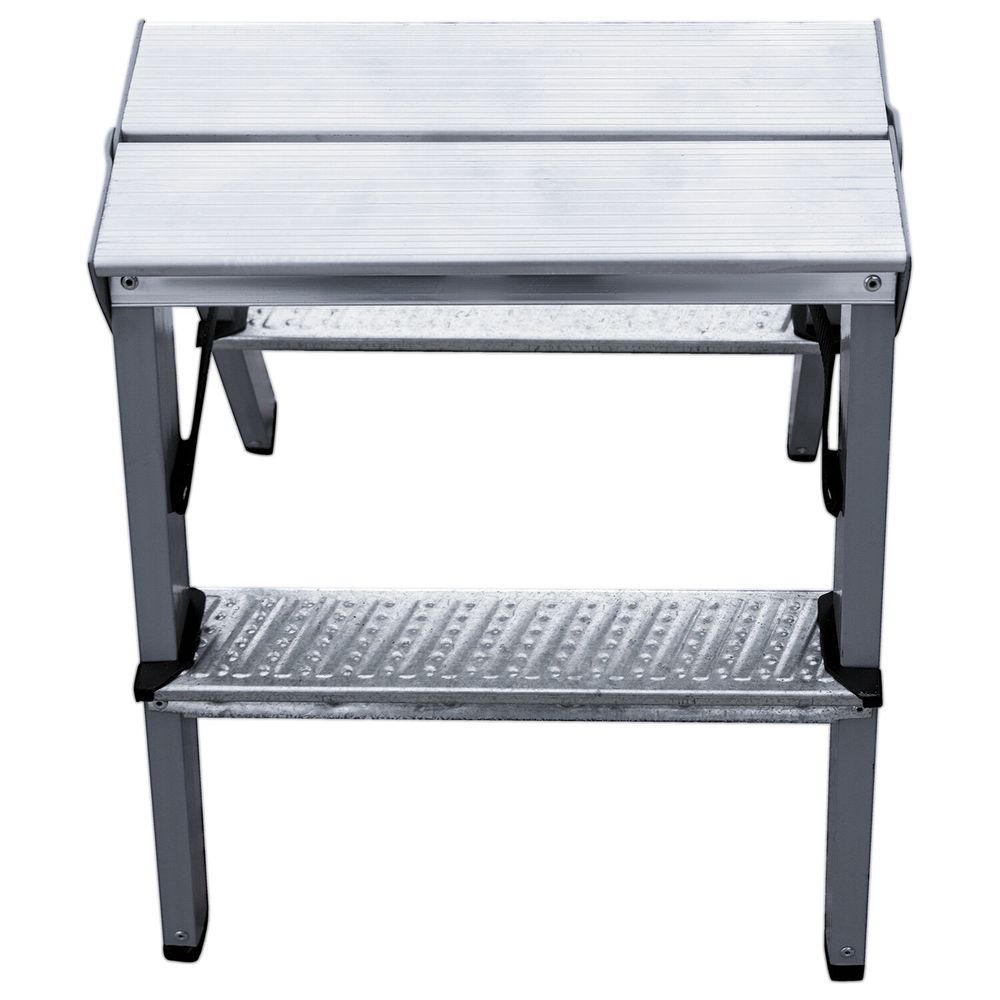 Стремянка стальная двухсторонняя 2х2 ступени, высота площадки 0,44м, алюминиевая площадка 35х16см, до 150кг, вес 2,8кг 