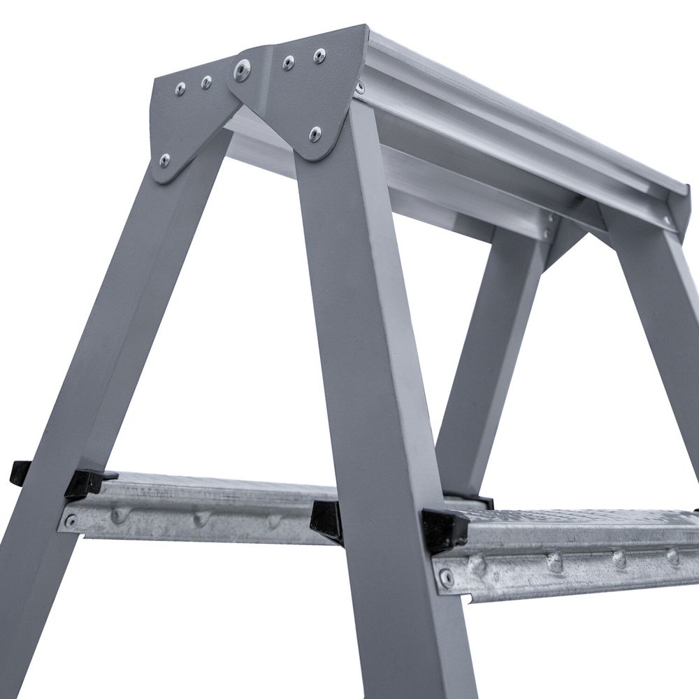 Стремянка стальная двухсторонняя 2х2 ступени, высота площадки 0,44м, алюминиевая площадка 35х16см, до 150кг, вес 2,8кг 