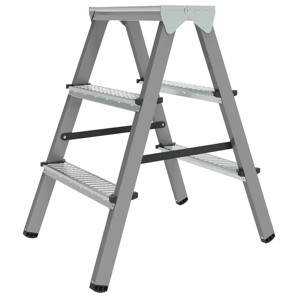 Стремянка стальная двухсторонняя 2х3 ступени, высота площадки 0,66м, алюминиевая площадка 35х16см, до 150кг, вес 4,2кг 
