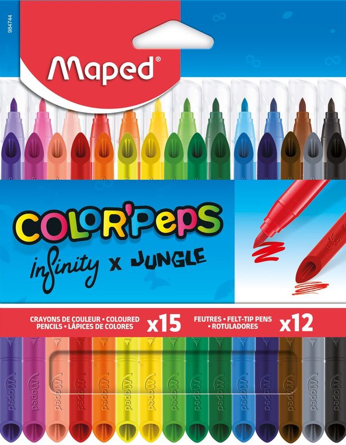 Набор для рисования MAPED COLORPEPS, 12 фломастеров + 15 цветных карандашей из ударопрочного грифеля, в коробке с подвесом