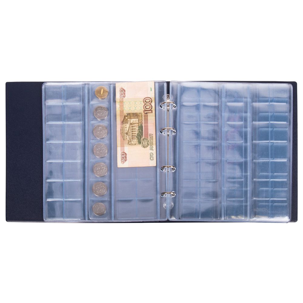 Альбом нумизмата для 380 монет (диаметр до 38 мм) и купюр, 253х238 мм, синий, ОСТРОВ СОКРОВИЩ