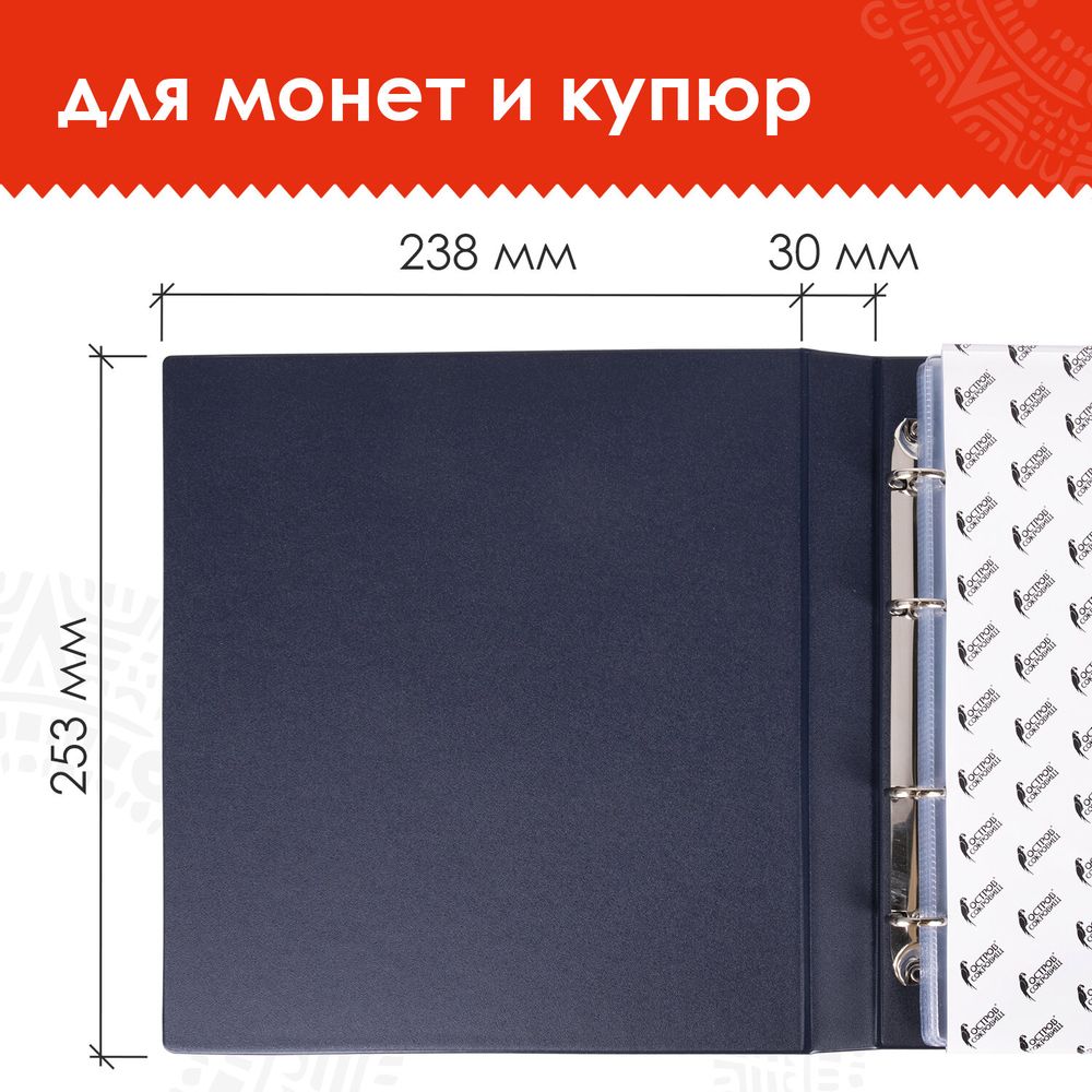 Альбом нумизмата для 380 монет (диаметр до 38 мм) и купюр, 253х238 мм, синий, ОСТРОВ СОКРОВИЩ