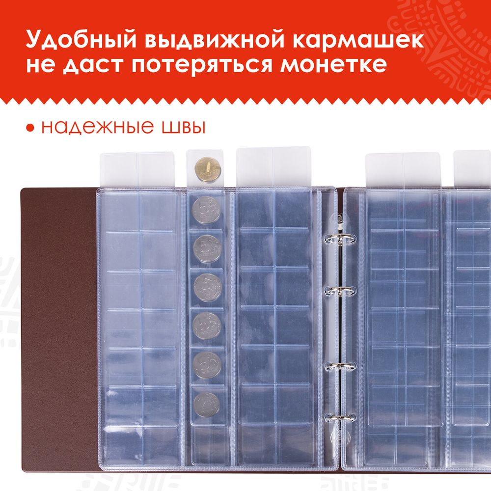 Альбом нумизмата для 380 монет (диаметр до 38 мм) и купюр, 253х238 мм, коричневый, ОСТРОВ СОКРОВИЩ