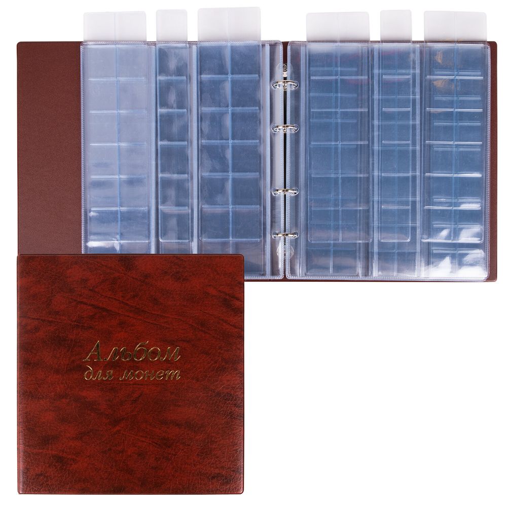 Альбом нумизмата для 380 монет (диаметр до 38 мм) и купюр, 253х238 мм, коричневый, ОСТРОВ СОКРОВИЩ