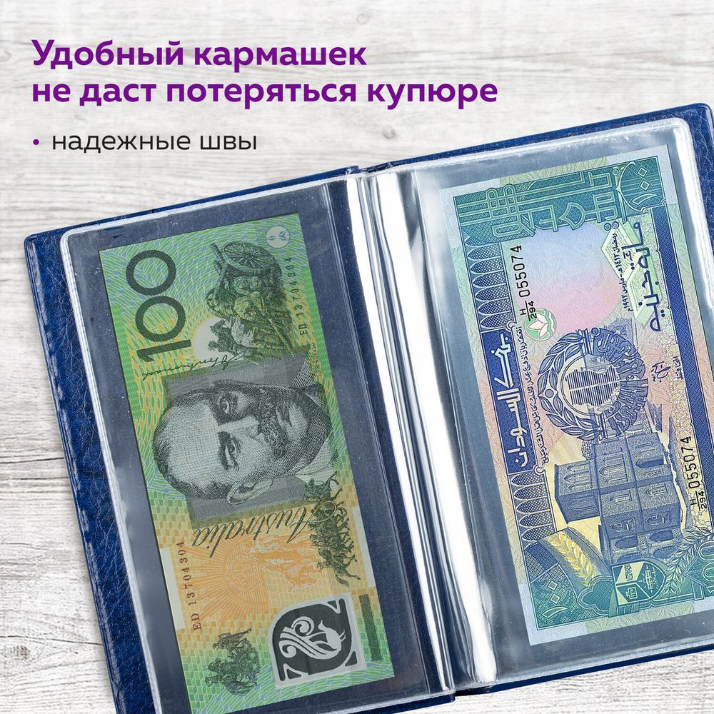 Альбом нумизмата для 24 бон (купюр), 125х185 мм, ПВХ, синий, STAFF