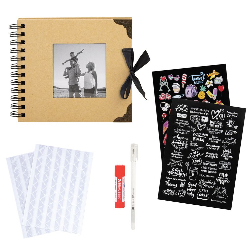 Фотоальбом 16х18 см, 20 черных листов, обложка КРАФТ, уголки/стикеры/ручка/клей, BRG Black&Kraft