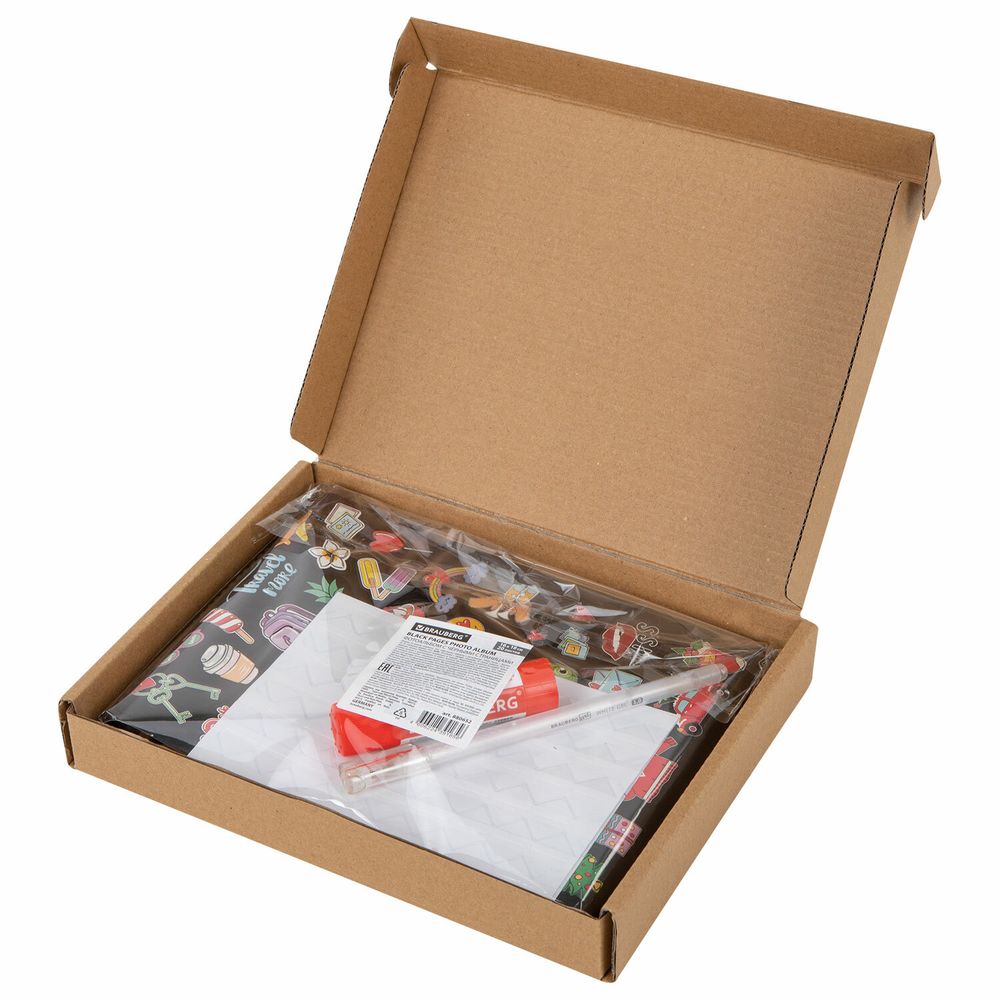 Фотоальбом 16х18 см, 20 черных листов, обложка КРАФТ, уголки/стикеры/ручка/клей, BRG Black&Kraft