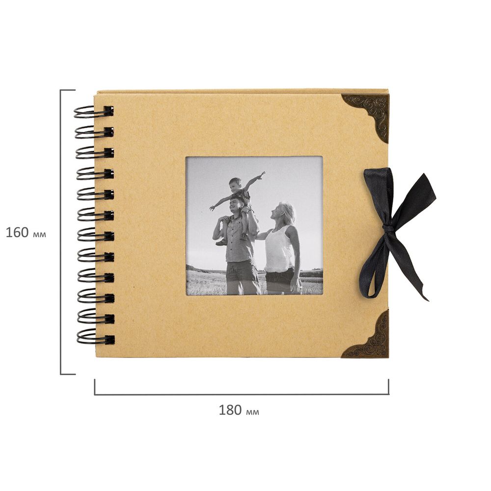 Фотоальбом 16х18 см, 20 черных листов, обложка КРАФТ, уголки/стикеры/ручка/клей, BRG Black&Kraft
