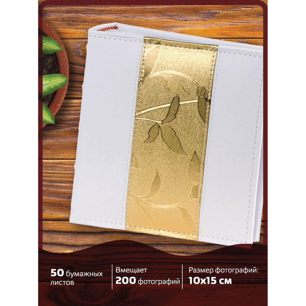 Фотоальбом BRAUBERG на 200 фото 10х15 см, под кожу, бумажные страницы, бокс, бело-золотистый