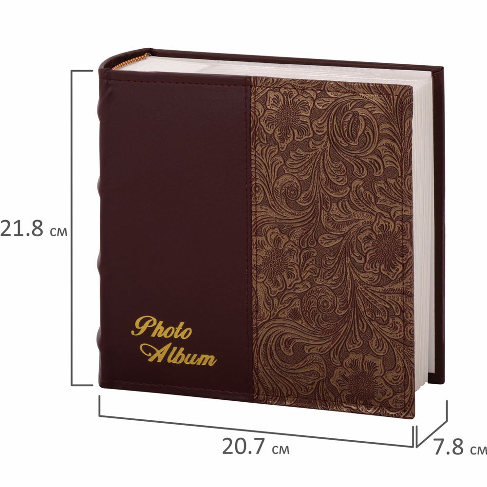 Фотоальбом BRAUBERG на 300 фотографий 10х15 см, обложка под кожу, бумажные страницы, бокс, бордо+бронза
