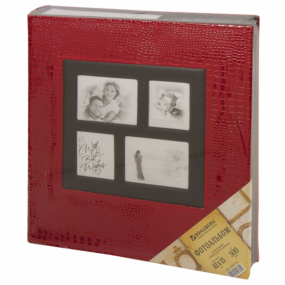Фотоальбом BRAUBERG на 500 фотографий 10х15 см, обложка под кожу крокодила, рамка для фото, красный