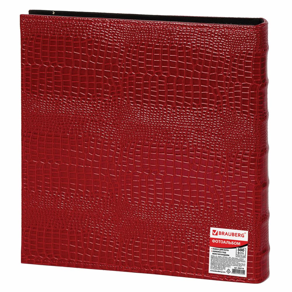 Фотоальбом BRAUBERG на 500 фотографий 10х15 см, обложка под кожу крокодила, рамка для фото, красный