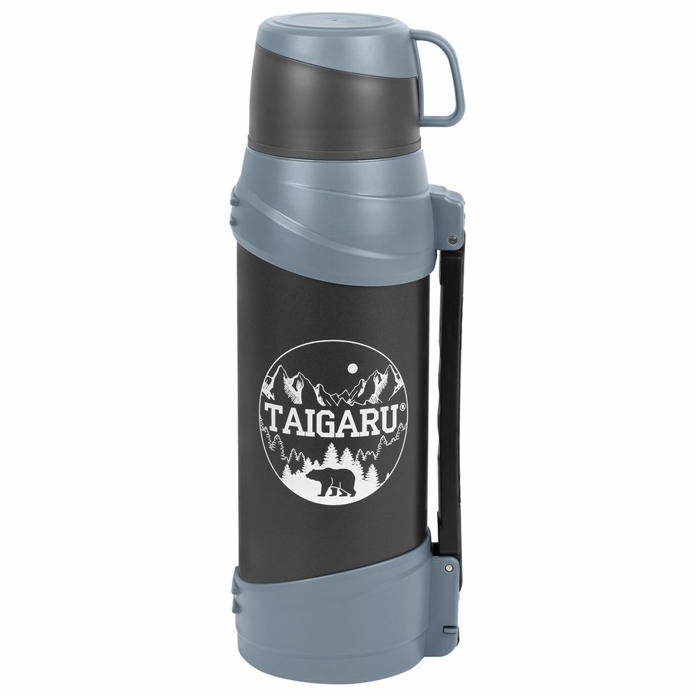 Термос классический, нержавеющая сталь 2 л, черно-серый, 2 кружки, ручка + ремешок, TAIGARU