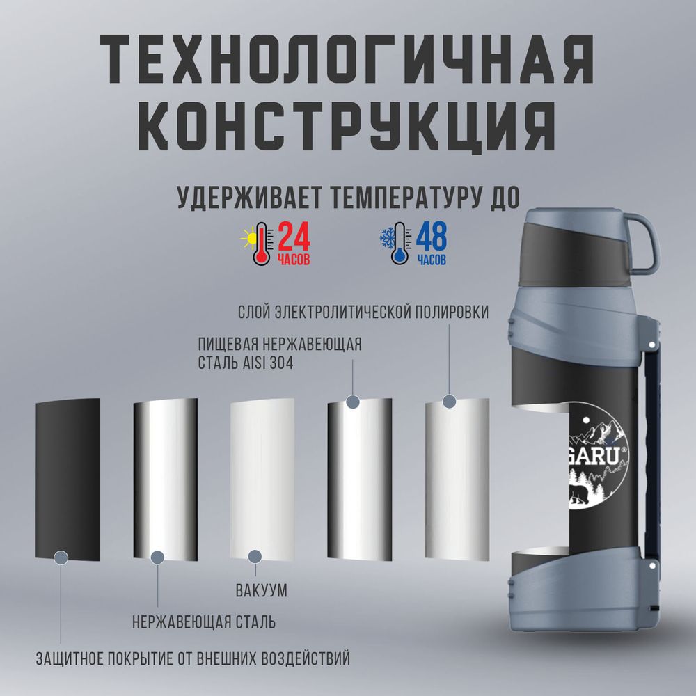 Термос классический, нержавеющая сталь 2 л, черно-серый, 2 кружки, ручка + ремешок, TAIGARU