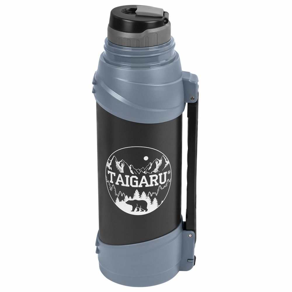 Термос классический, нержавеющая сталь 2 л, черно-серый, 2 кружки, ручка + ремешок, TAIGARU