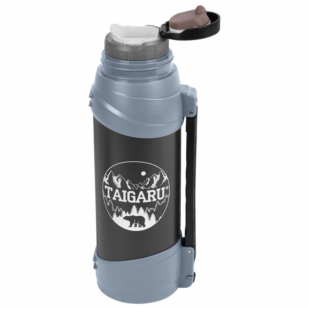 Термос классический, нержавеющая сталь 2 л, черно-серый, 2 кружки, ручка + ремешок, TAIGARU