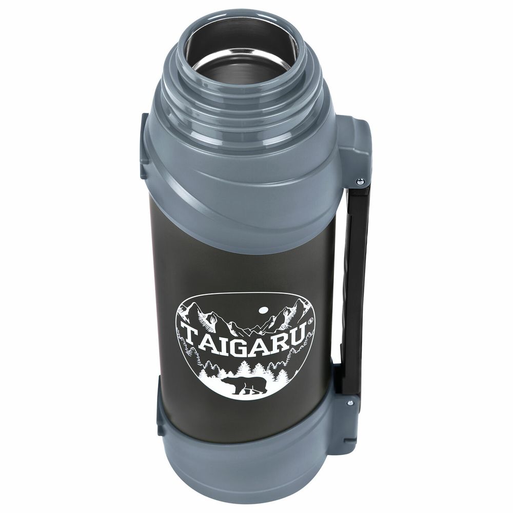Термос классический, нержавеющая сталь 2 л, черно-серый, 2 кружки, ручка + ремешок, TAIGARU