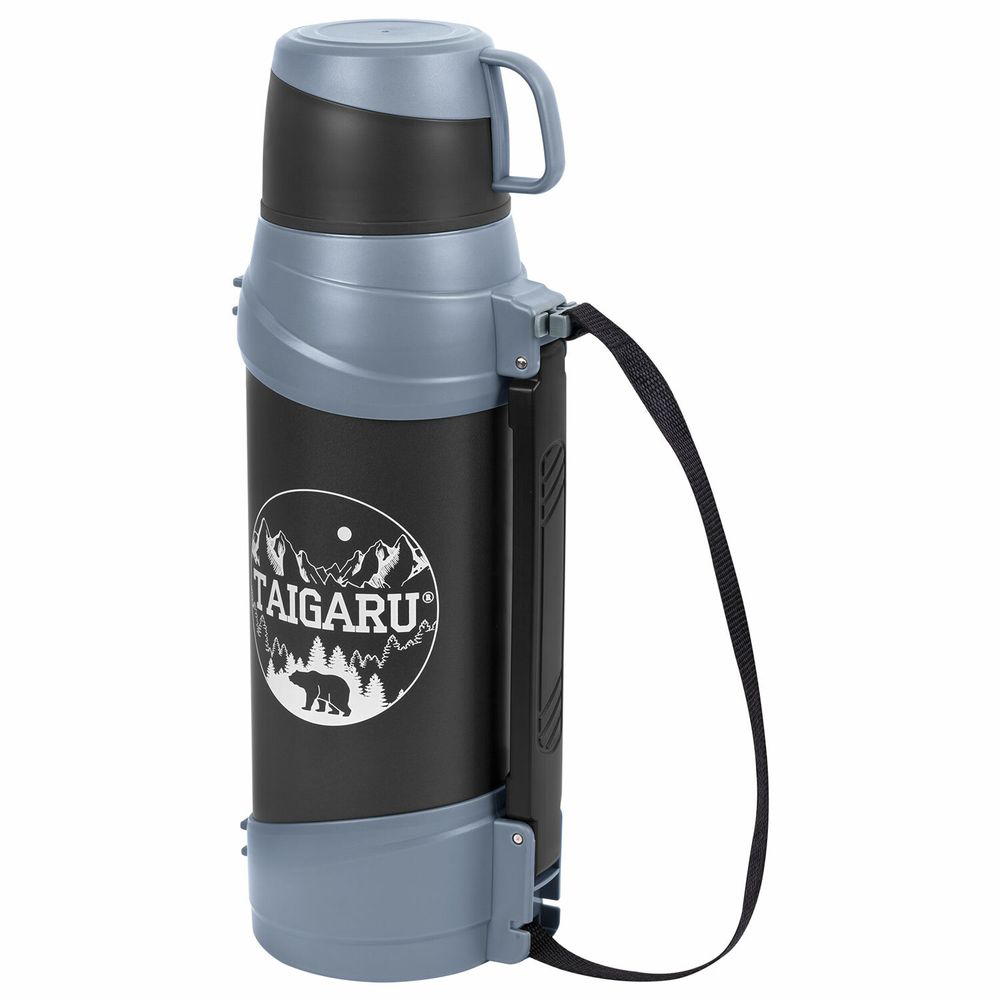 Термос классический, нержавеющая сталь 2 л, черно-серый, 2 кружки, ручка + ремешок, TAIGARU