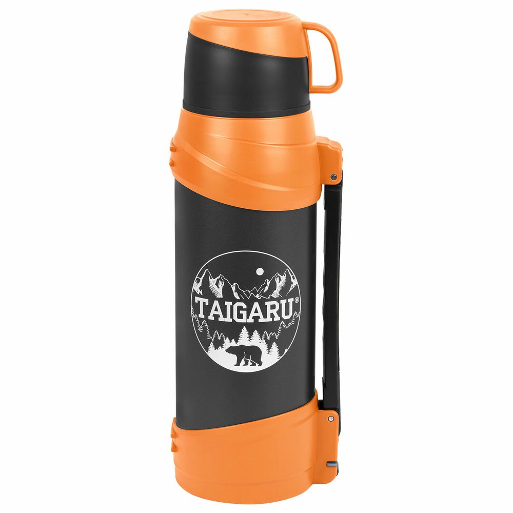 Термос классический, нержавеющая сталь, 2 л, оранжево-серый, 2 кружки, ручка + ремешок, TAIGARU