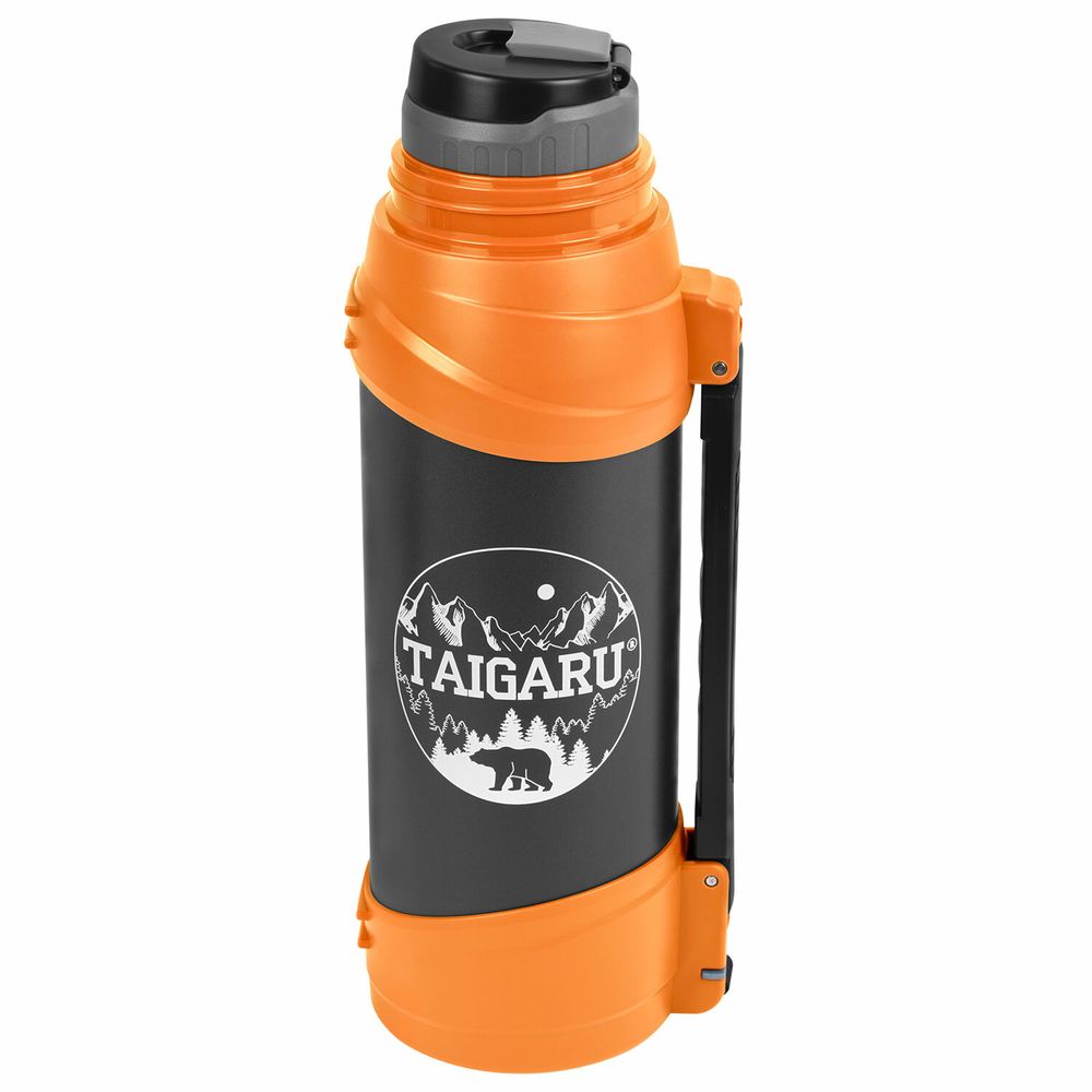 Термос классический, нержавеющая сталь, 2 л, оранжево-серый, 2 кружки, ручка + ремешок, TAIGARU