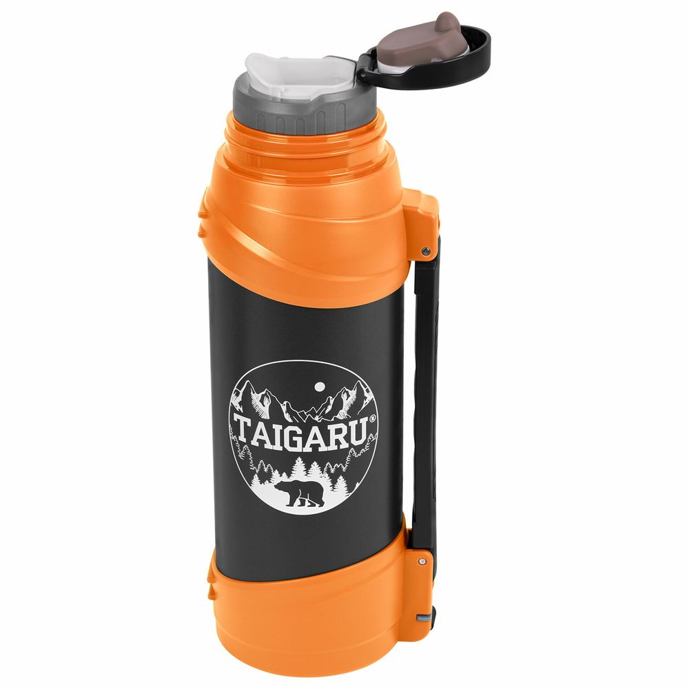 Термос классический, нержавеющая сталь, 2 л, оранжево-серый, 2 кружки, ручка + ремешок, TAIGARU