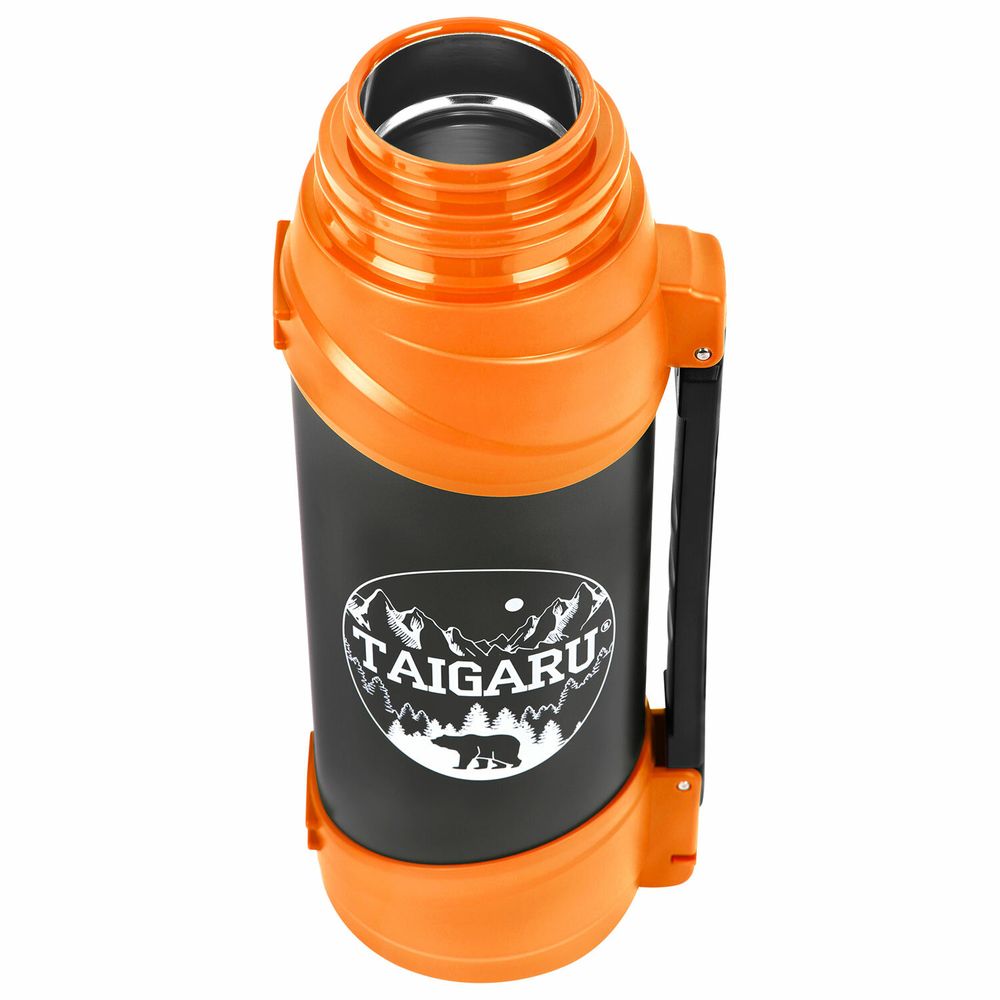Термос классический, нержавеющая сталь, 2 л, оранжево-серый, 2 кружки, ручка + ремешок, TAIGARU