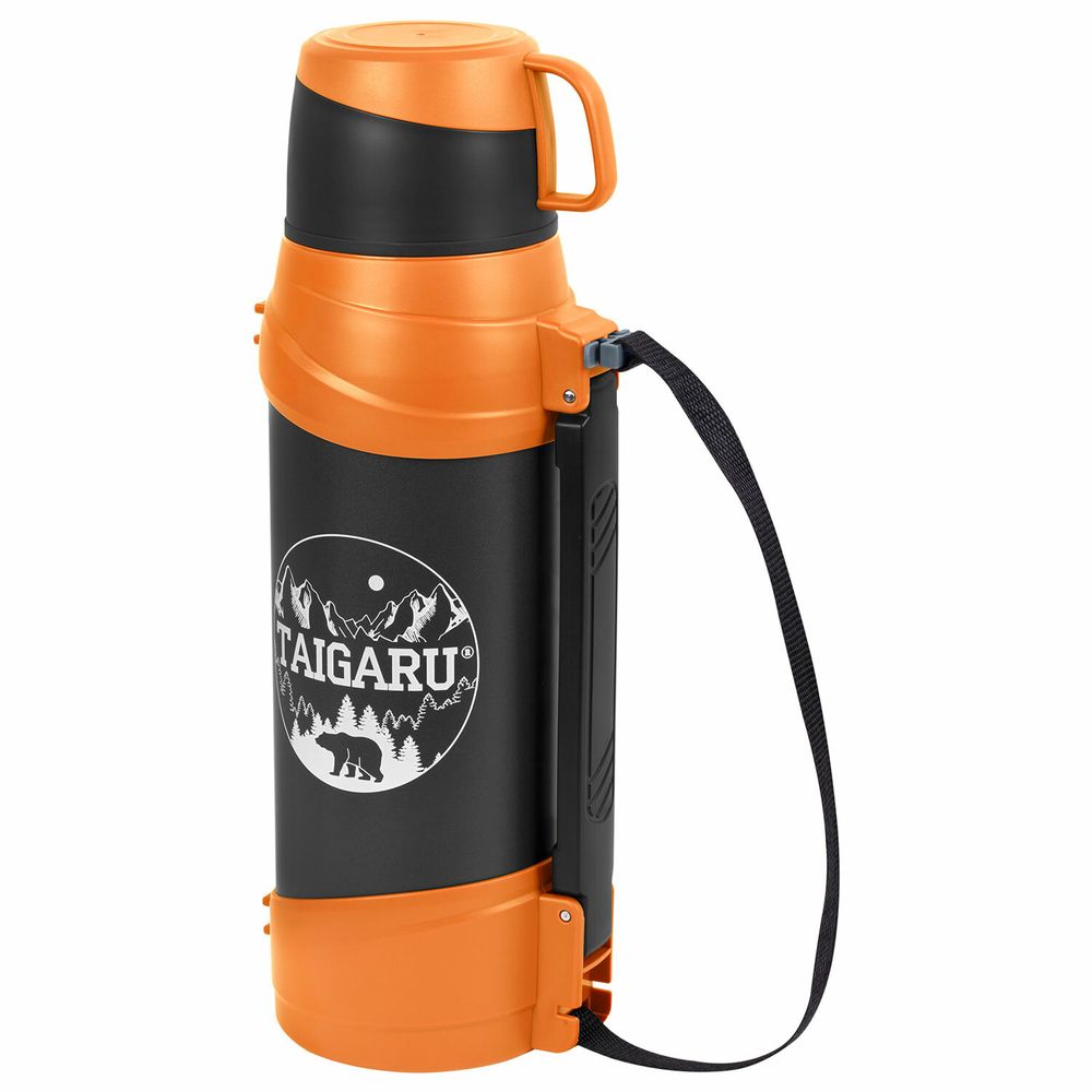 Термос классический, нержавеющая сталь, 2 л, оранжево-серый, 2 кружки, ручка + ремешок, TAIGARU