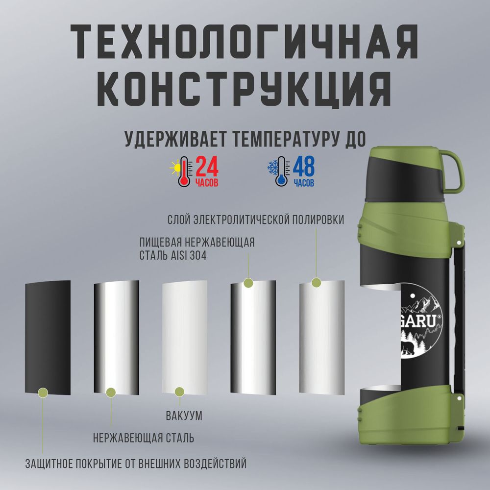 Термос классический, нержавеющая сталь, 2 л, черно-оливковый, 2 кружки, ручка + ремешок, TAIGARU