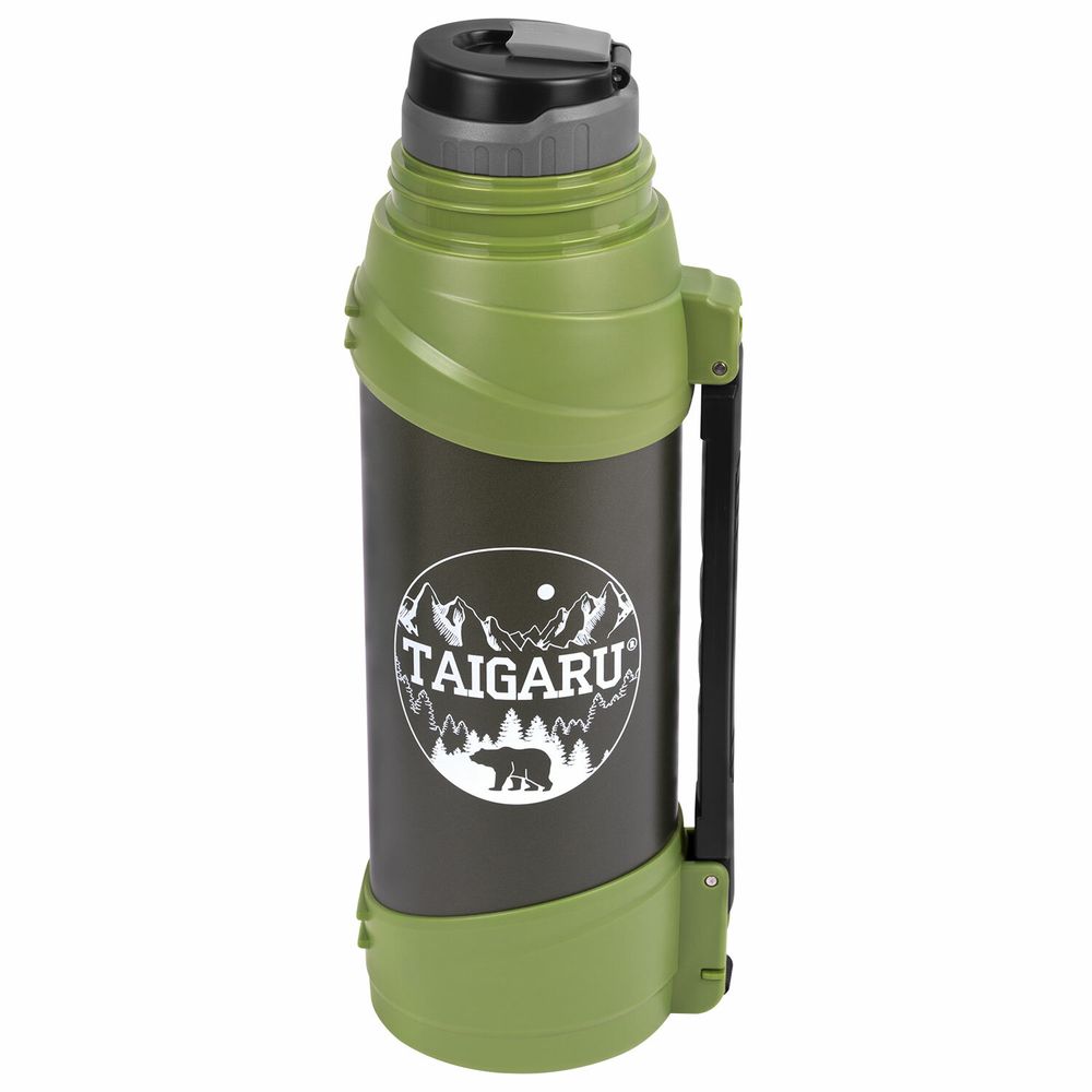 Термос классический, нержавеющая сталь, 2 л, черно-оливковый, 2 кружки, ручка + ремешок, TAIGARU