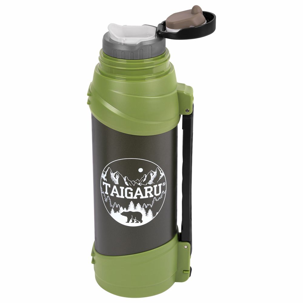 Термос классический, нержавеющая сталь, 2 л, черно-оливковый, 2 кружки, ручка + ремешок, TAIGARU