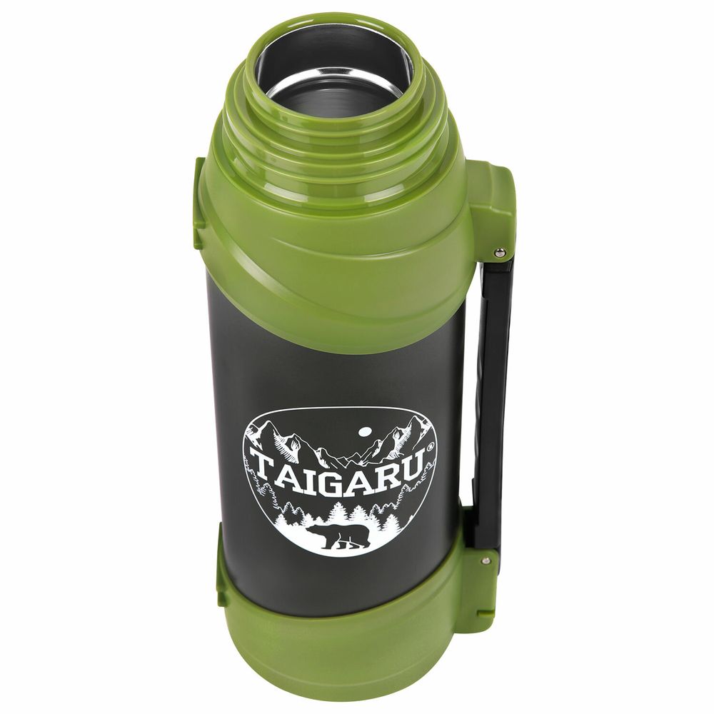 Термос классический, нержавеющая сталь, 2 л, черно-оливковый, 2 кружки, ручка + ремешок, TAIGARU