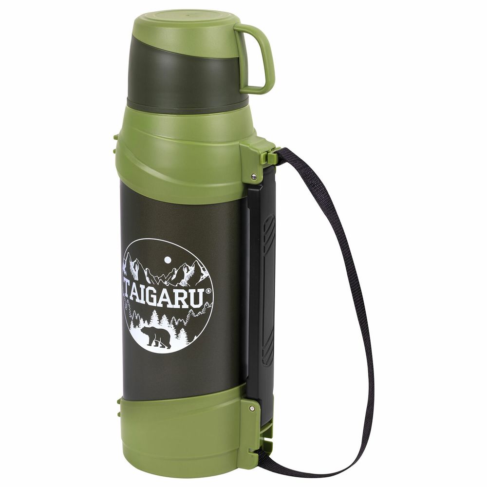Термос классический, нержавеющая сталь, 2 л, черно-оливковый, 2 кружки, ручка + ремешок, TAIGARU