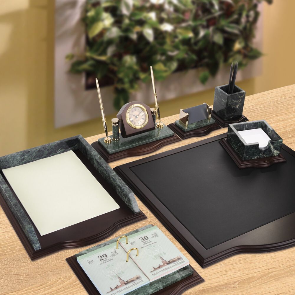 Набор настольный GALANT из мрамора, 7 предметов, зеленый мрамор/отделка красное дерево