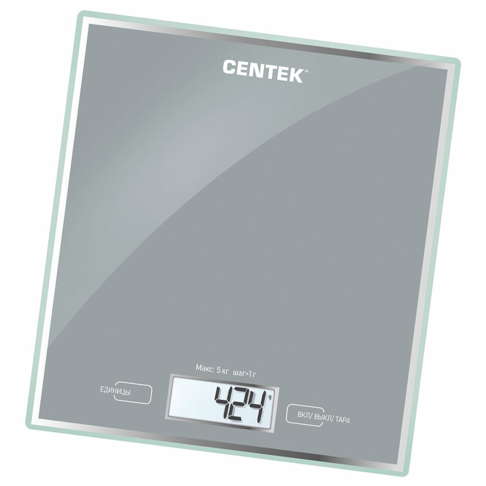 Весы кухонные CENTEK CT-2462 SILVER, электронный дисплей, max вес 5 кг, тарокомпенсация, стекло