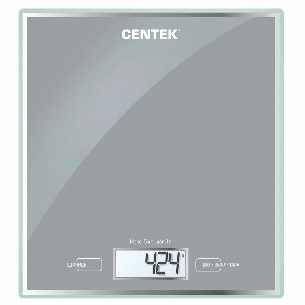 Весы кухонные CENTEK CT-2462 SILVER, электронный дисплей, max вес 5 кг, тарокомпенсация, стекло