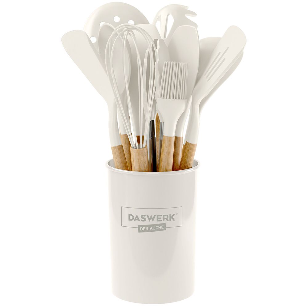 Набор силиконовых кухонных принадлежностей с деревянными ручками 12 в 1, молочный, DASWERK