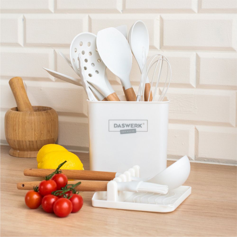 Набор силиконовых кухонных принадлежностей с деревянными ручками 13 в 1, молочный, DASWERK