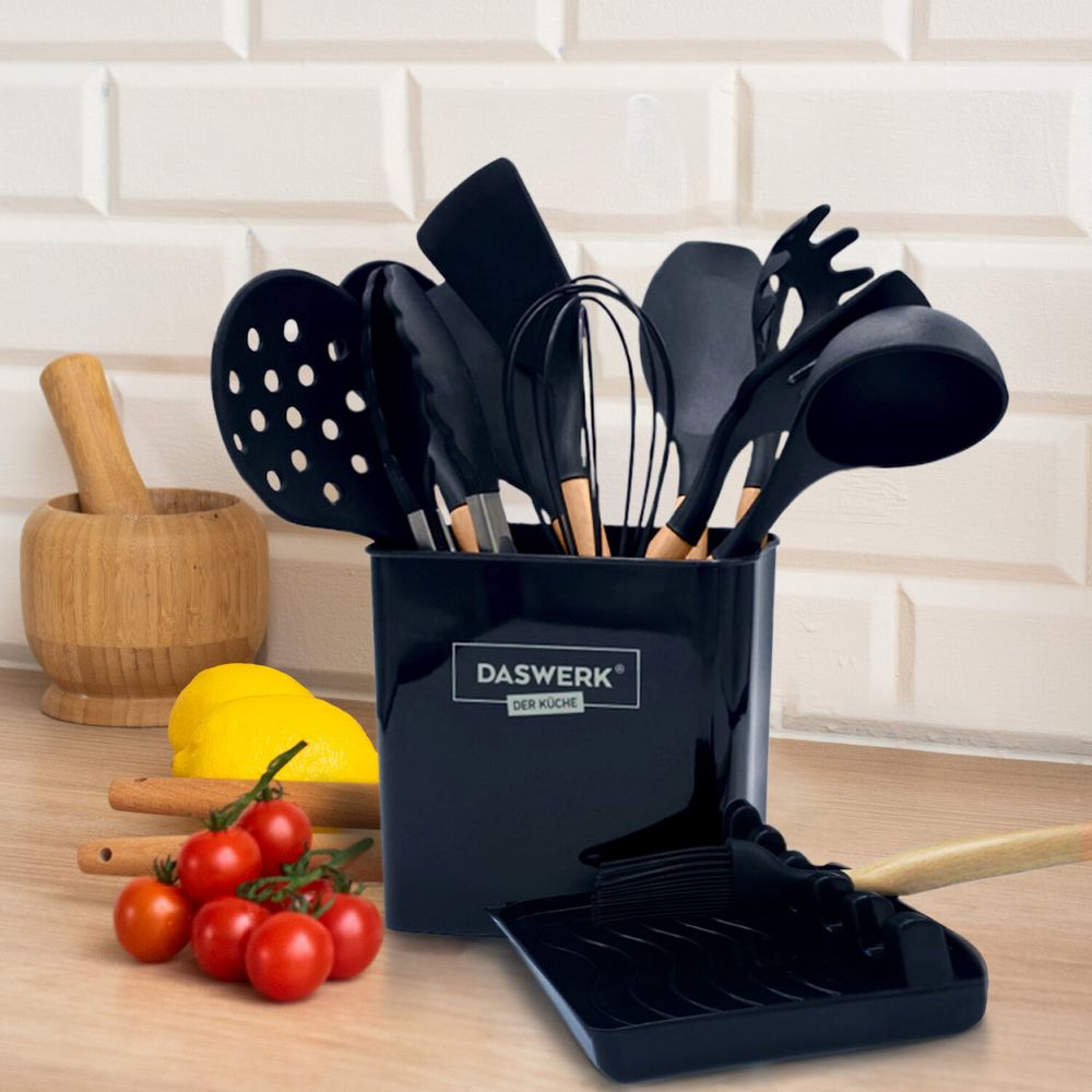 Набор силиконовых кухонных принадлежностей с деревянными ручками 13 в 1, черный, DASWERK