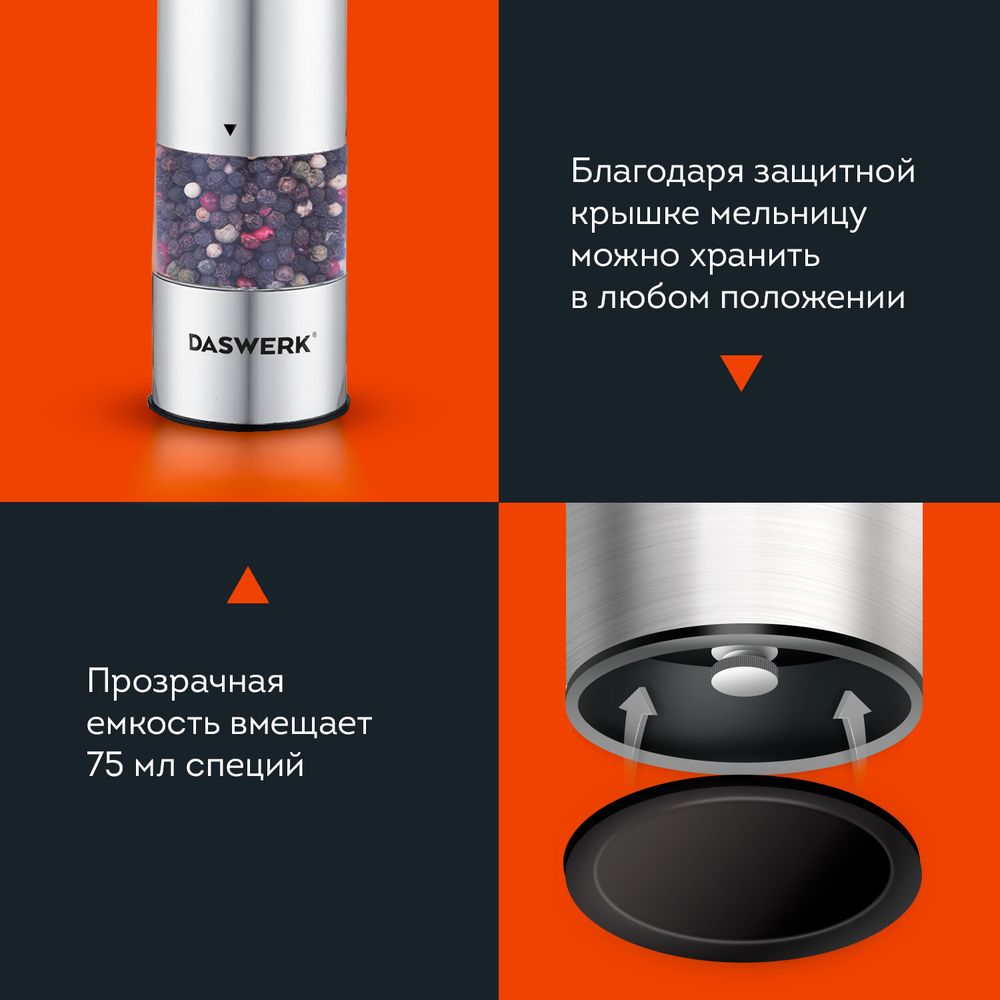 Набор мельниц для соли и специй электрические с подсветкой, 2 шт., PM-2, DASWERK