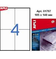Этикетки  Apli, А4,  Прямоугольные 105    X  148Мм 4  Шт/Л. Неудаляемые Цвет: Белый 500  Л.