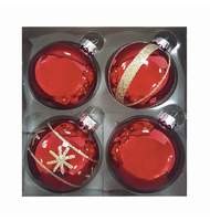 Шары елочные, набор 4 шт., стекло, диаметр 6 см, цвет красный, с рисунком глиттером 