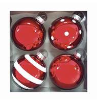 Шары елочные, набор 4 шт., стекло, диаметр 6 см, цвет красный, с рисунком глиттером (глянец), ассорти